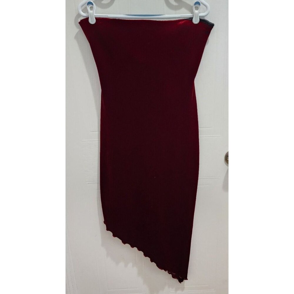 Vtg Y2K Cache Women's‎ Strapless Sheath Dress Asymmetrical Hem Red Velvet Size 8